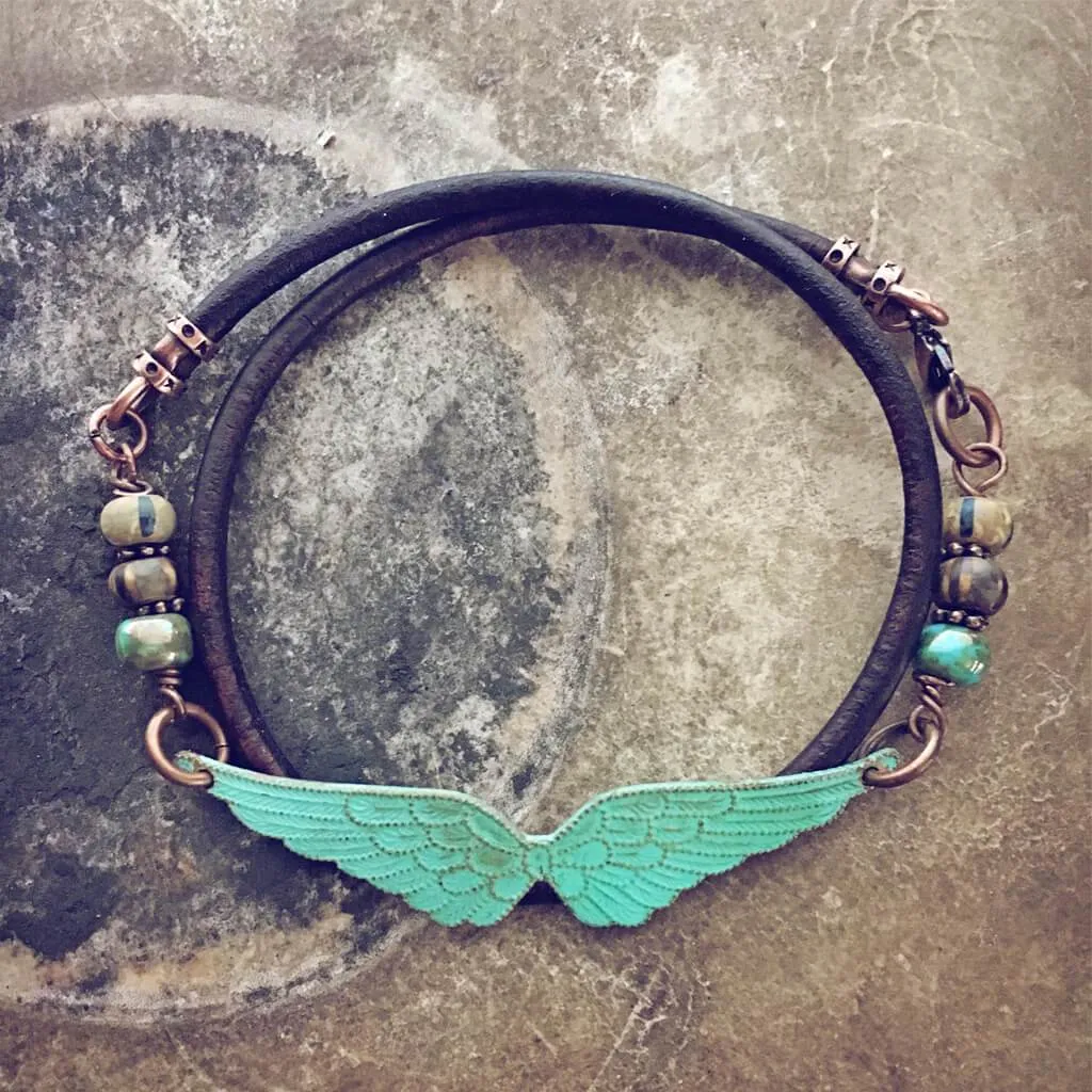 angel wings // thick leather wrap bracelet - choker