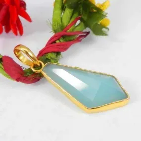 Aqua Chalcedony Gemstone Bezel Set Gold Plated Brass Pendant