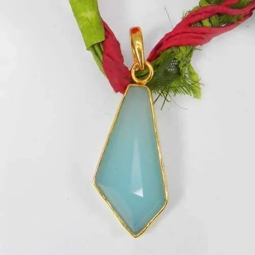 Aqua Chalcedony Gemstone Bezel Set Gold Plated Brass Pendant