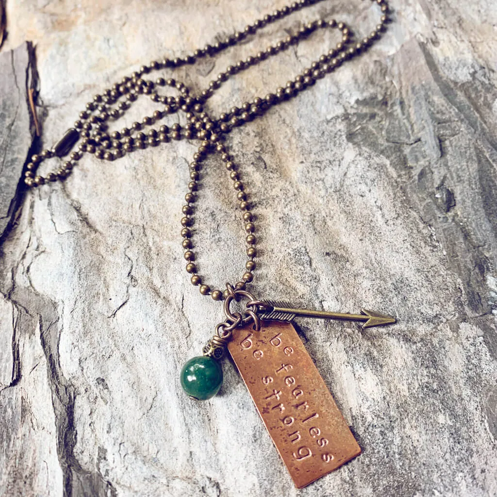 be fearless be strong // copper pendant and agate bead necklace