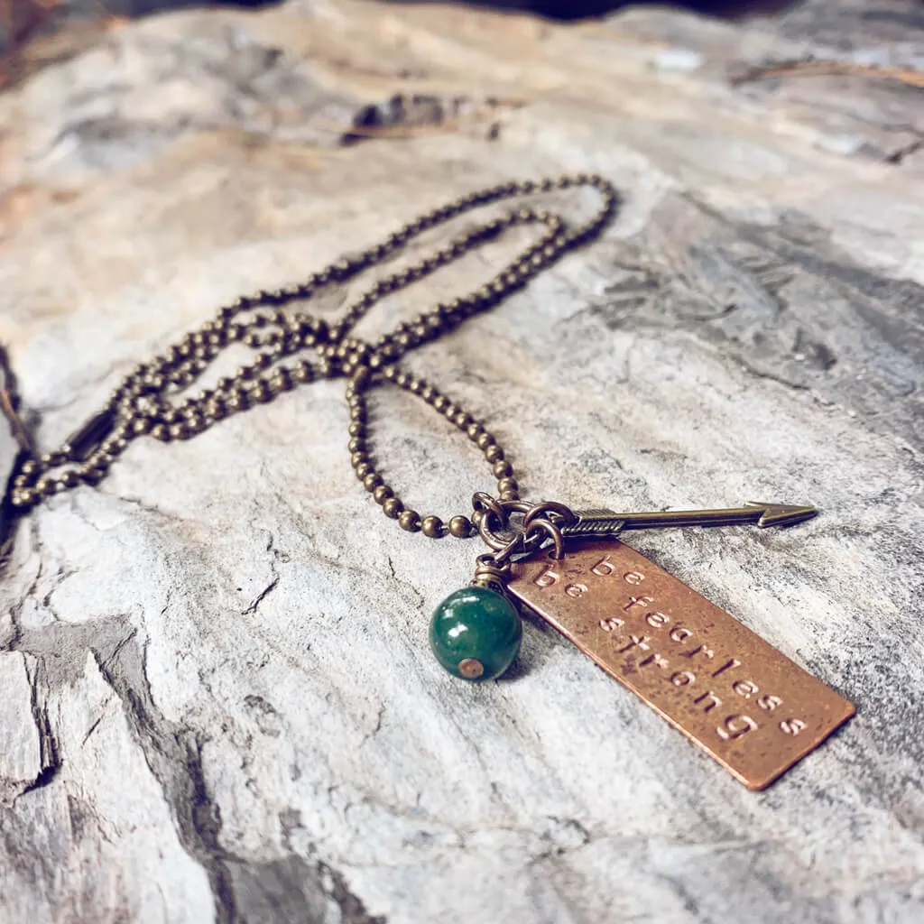 be fearless be strong // copper pendant and agate bead necklace