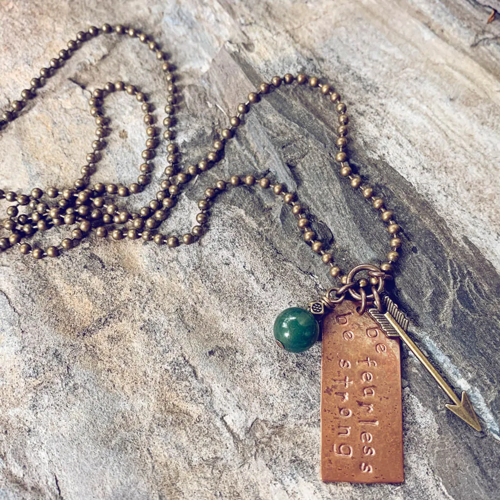 be fearless be strong // copper pendant and agate bead necklace