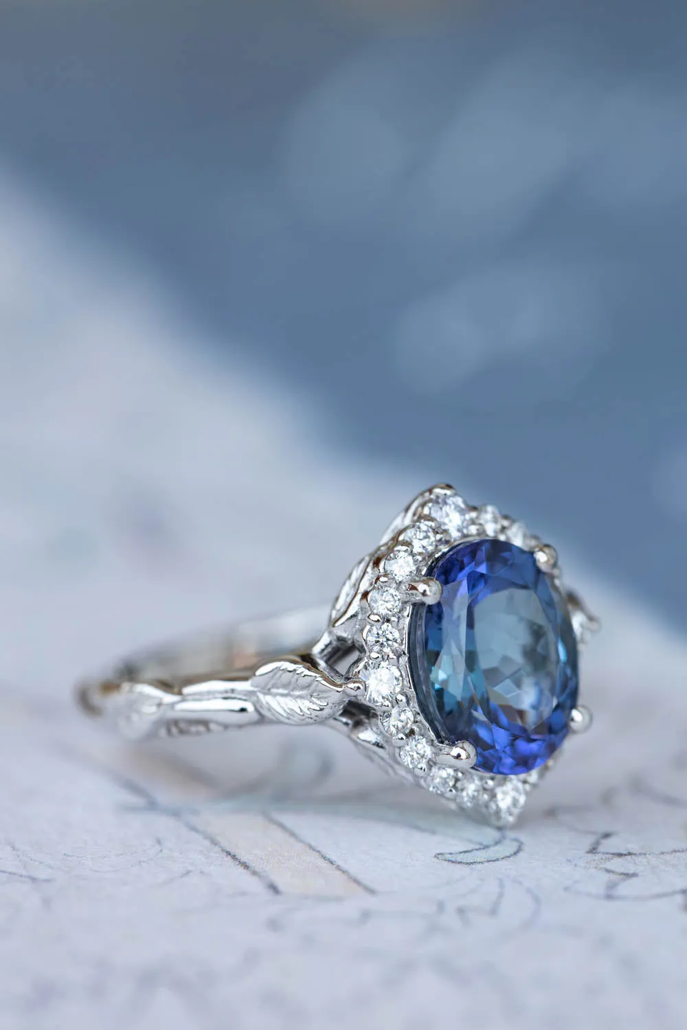 Bi-colour tanzanite engagement ring, nature inspired white gold ring with diamond halo / Florentina