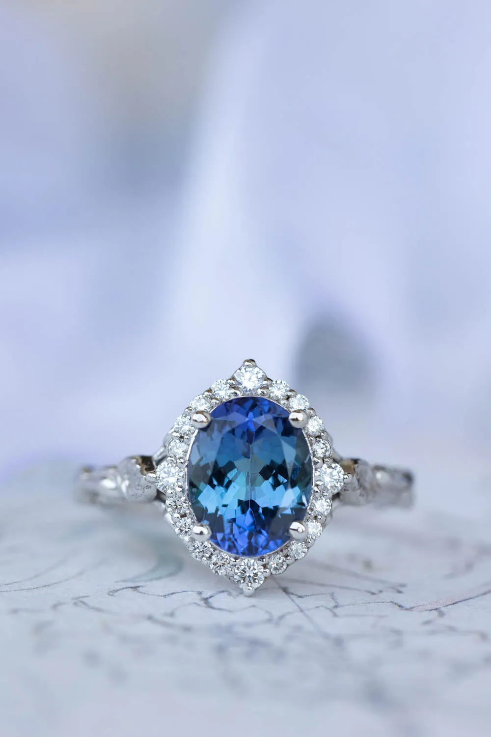 Bi-colour tanzanite engagement ring, nature inspired white gold ring with diamond halo / Florentina