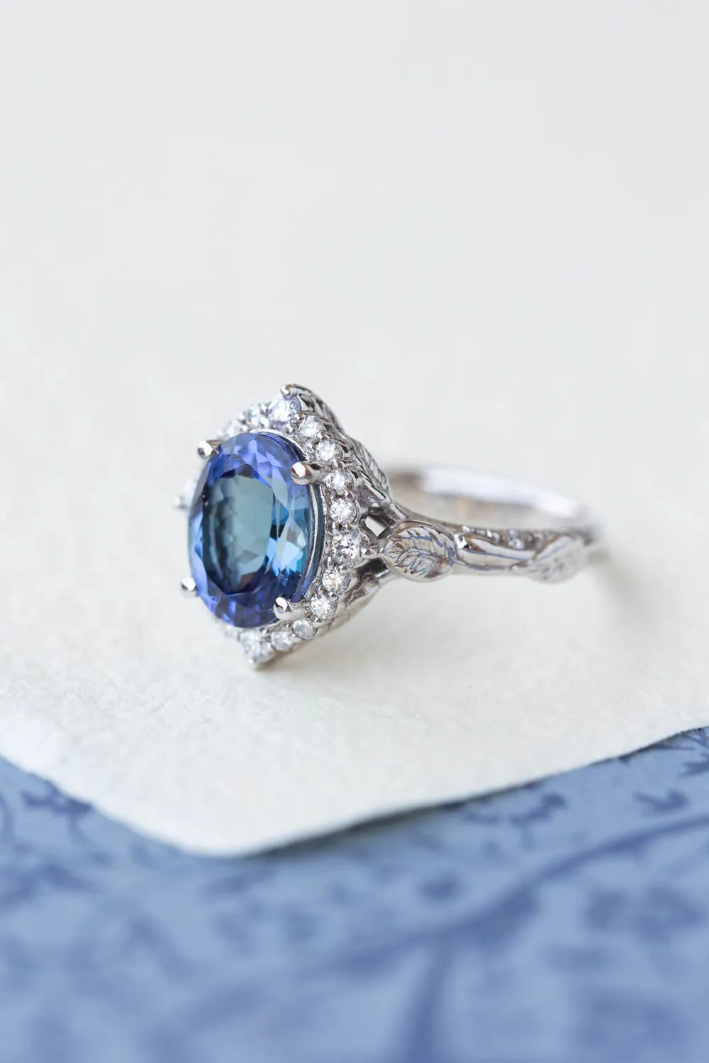 Bi-colour tanzanite engagement ring, nature inspired white gold ring with diamond halo / Florentina