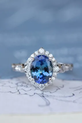 Bi-colour tanzanite engagement ring, nature inspired white gold ring with diamond halo / Florentina