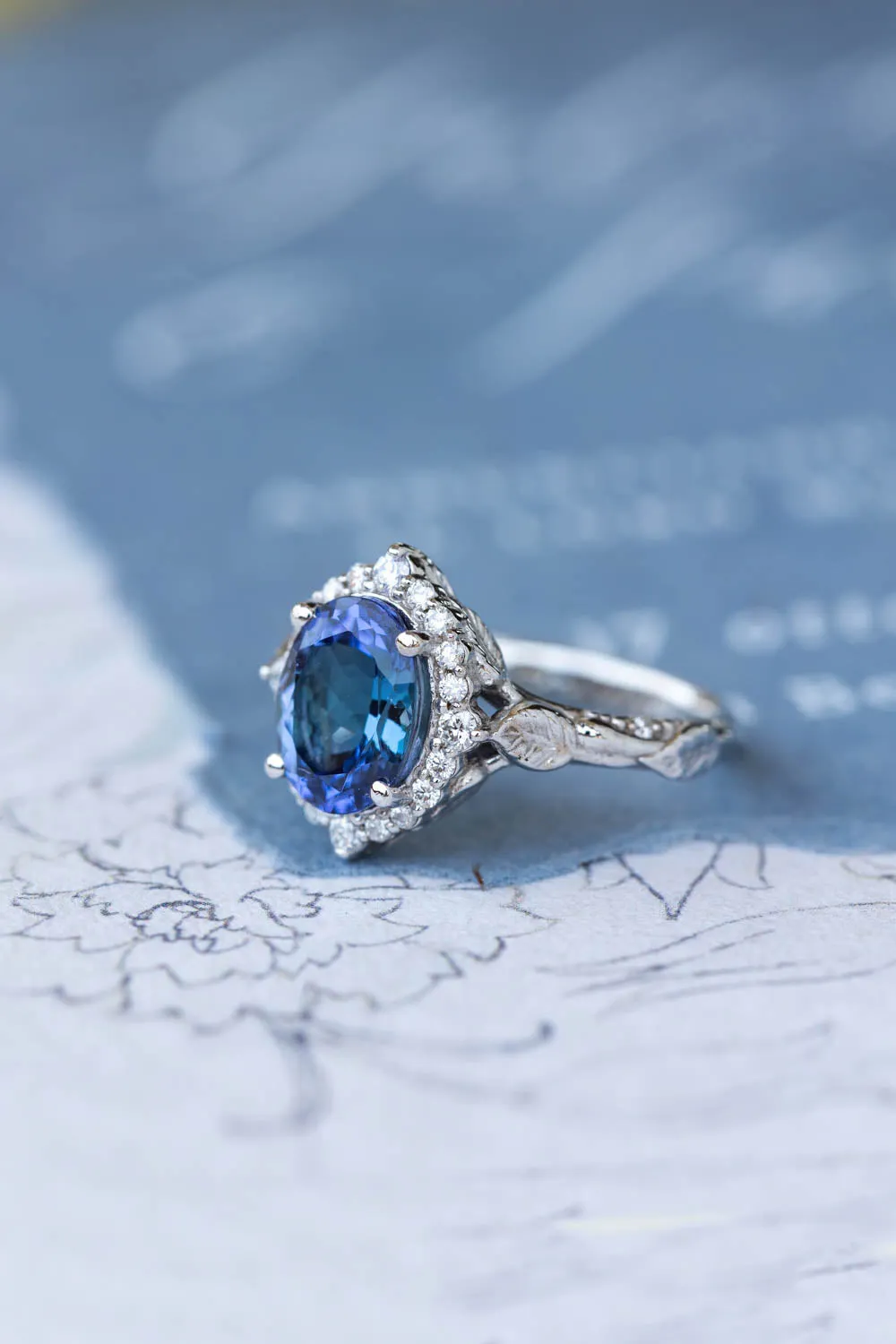 Bi-colour tanzanite engagement ring, nature inspired white gold ring with diamond halo / Florentina