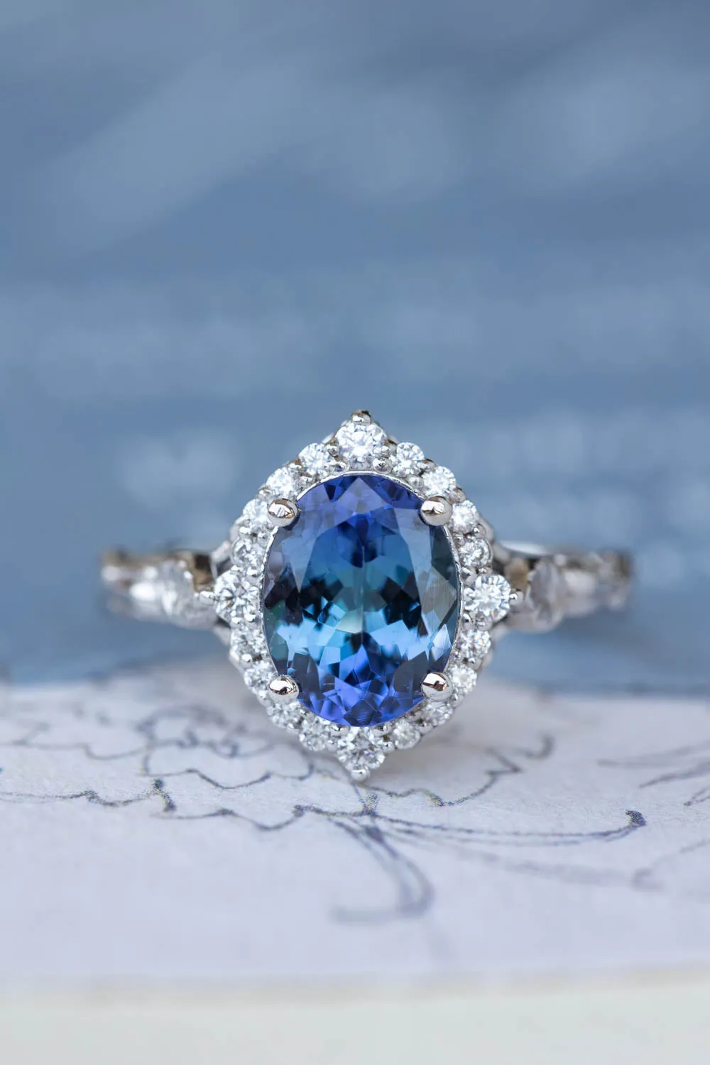 Bi-colour tanzanite engagement ring, nature inspired white gold ring with diamond halo / Florentina