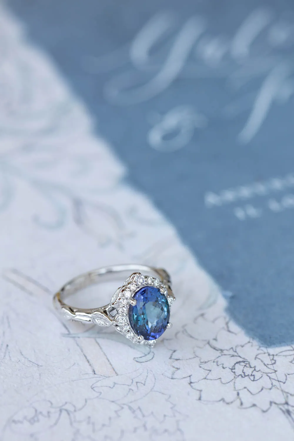 Bi-colour tanzanite engagement ring, nature inspired white gold ring with diamond halo / Florentina