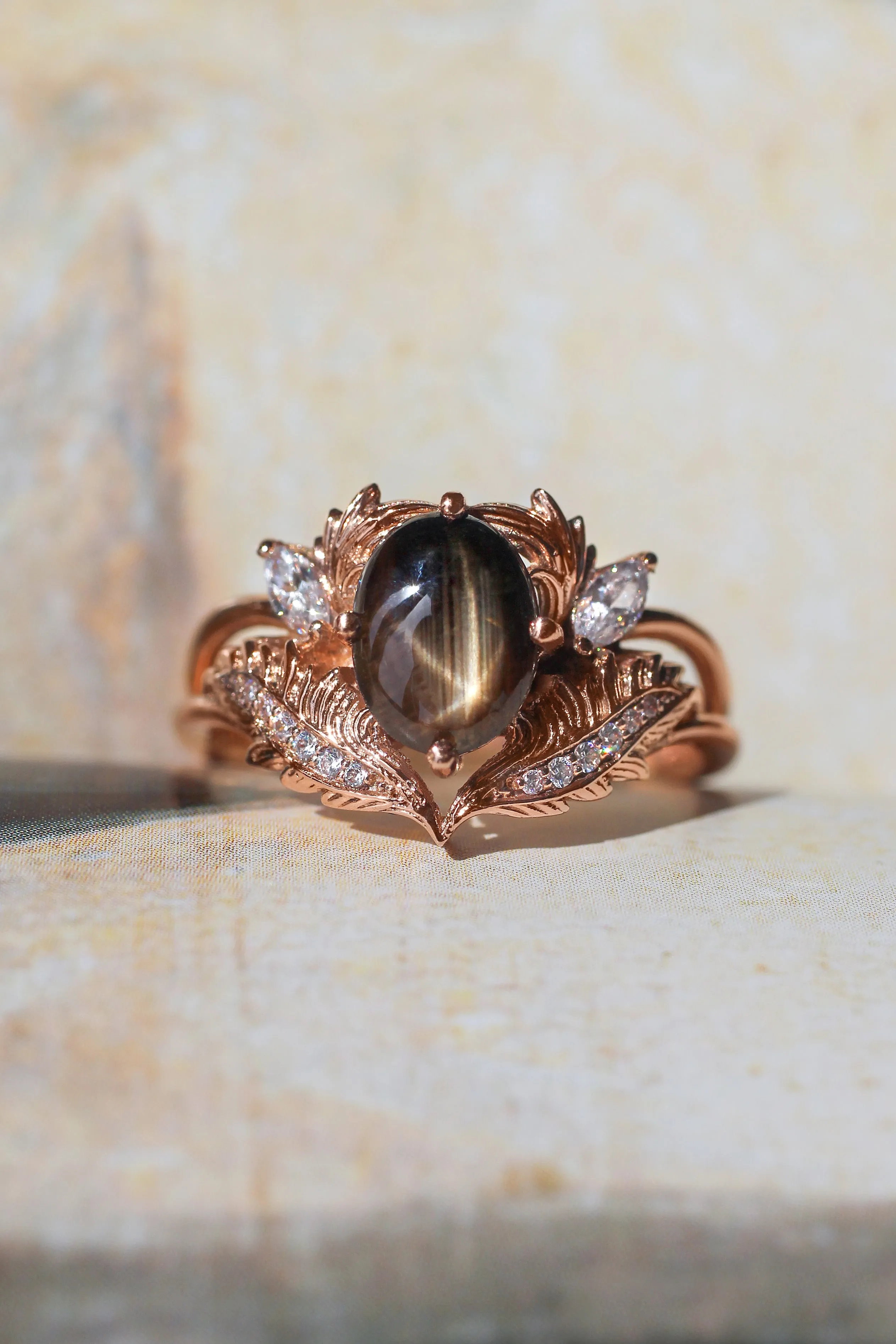 Black star sapphire engagement ring with moissanites / Adonis