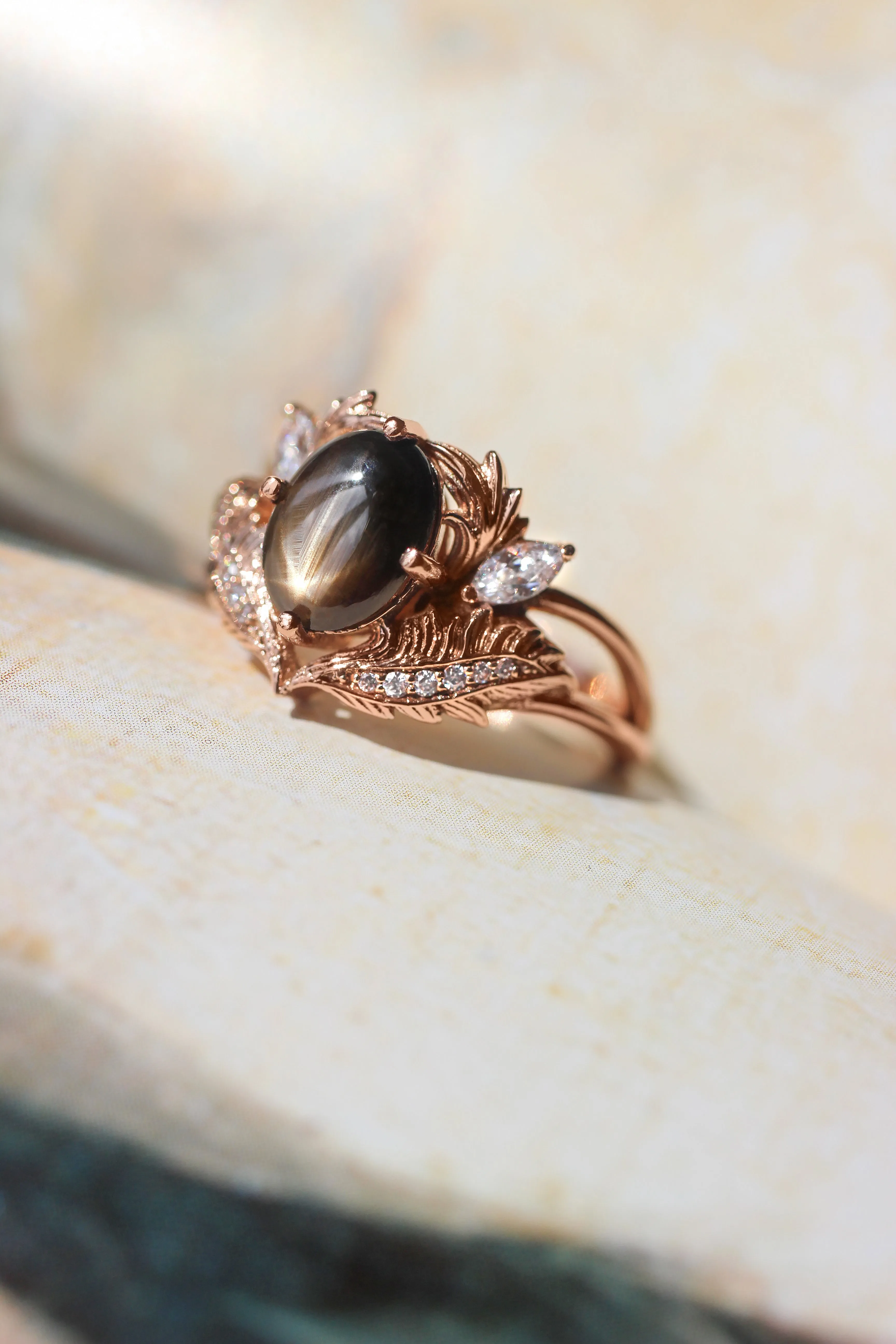 Black star sapphire engagement ring with moissanites / Adonis