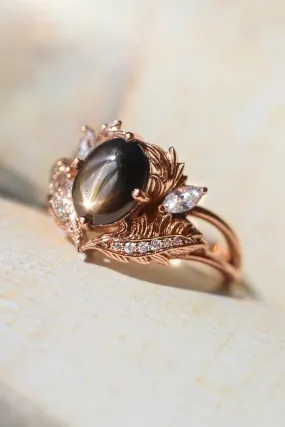 Black star sapphire engagement ring with moissanites / Adonis