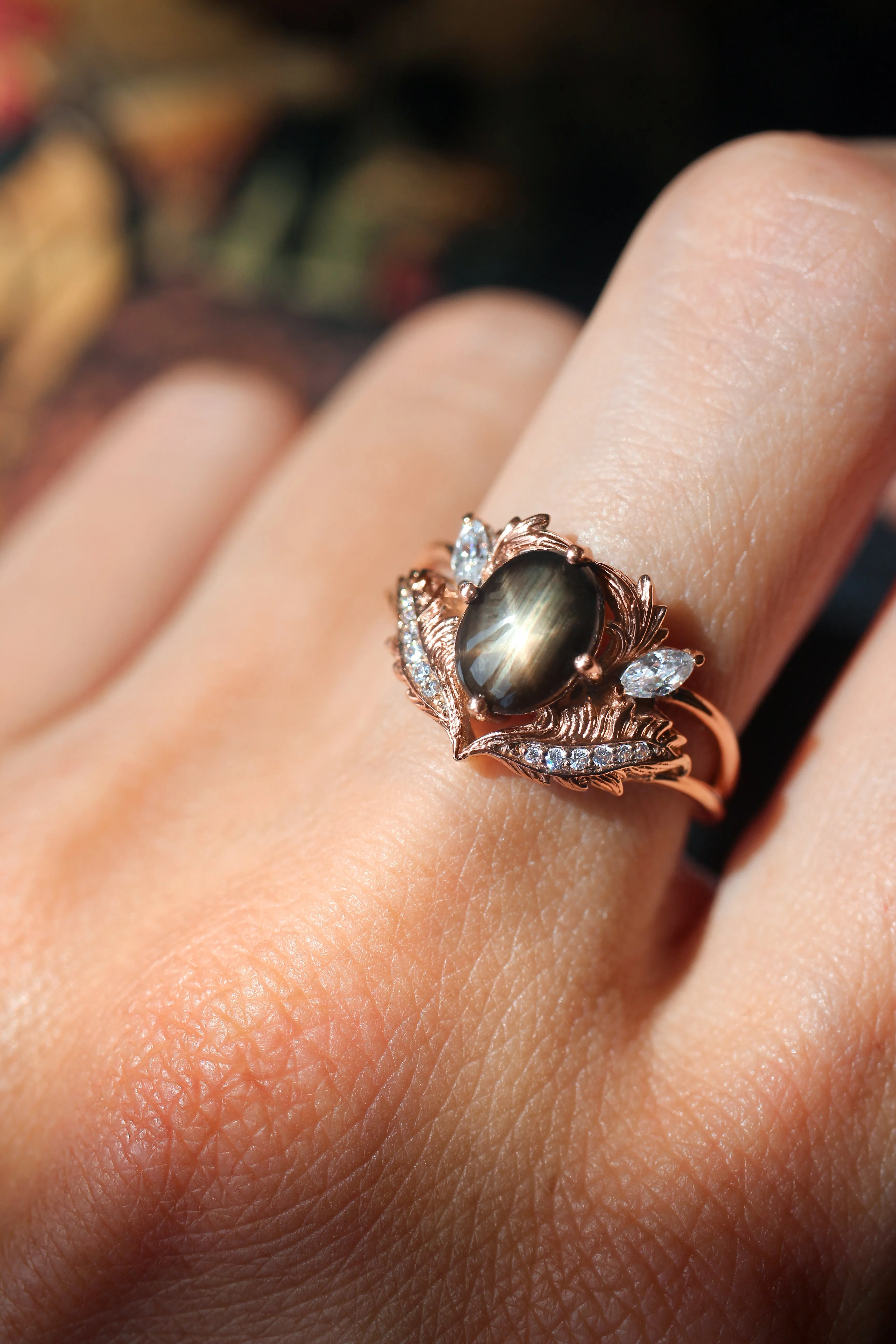 Black star sapphire engagement ring with moissanites / Adonis