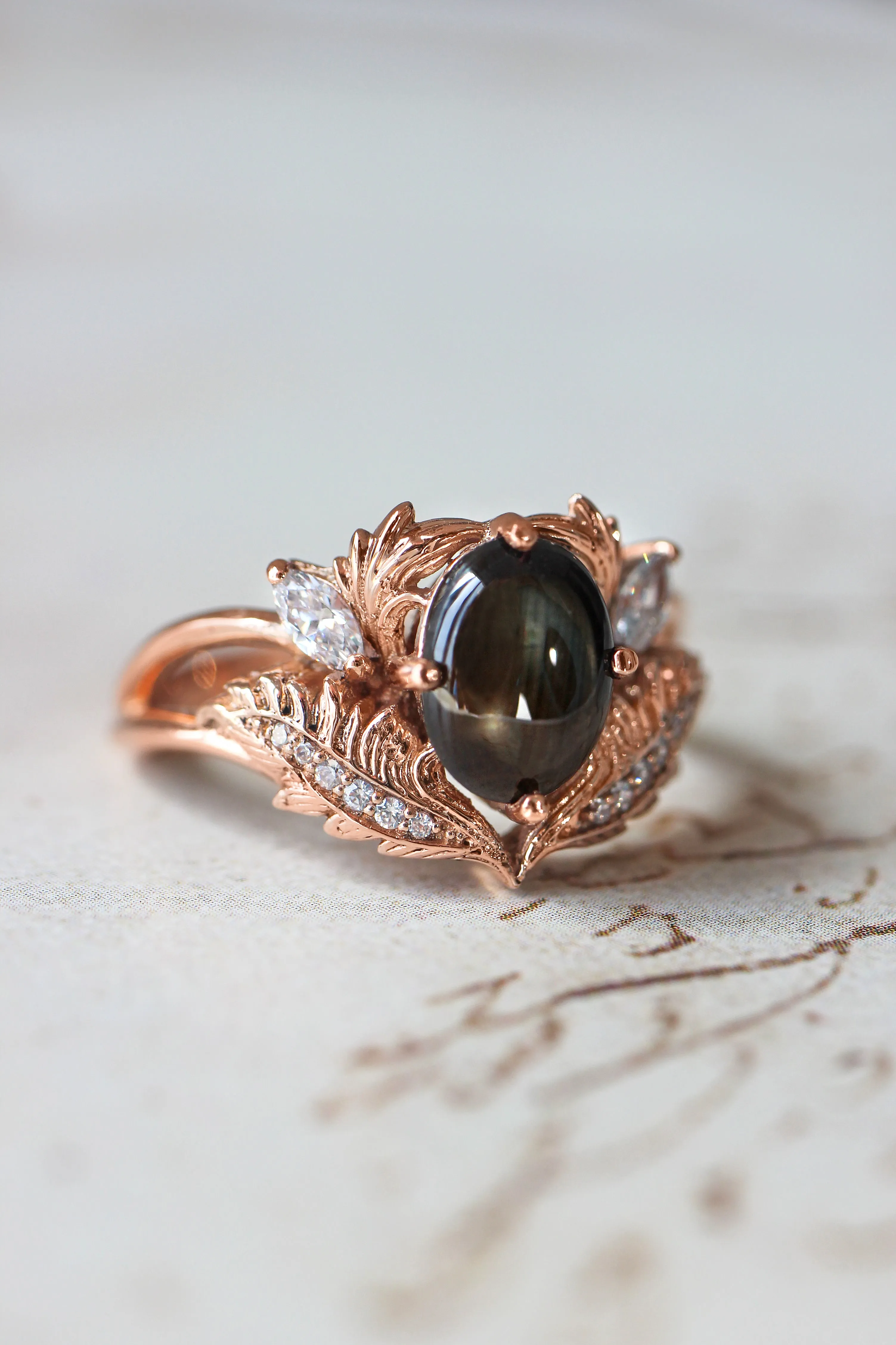 Black star sapphire engagement ring with moissanites / Adonis