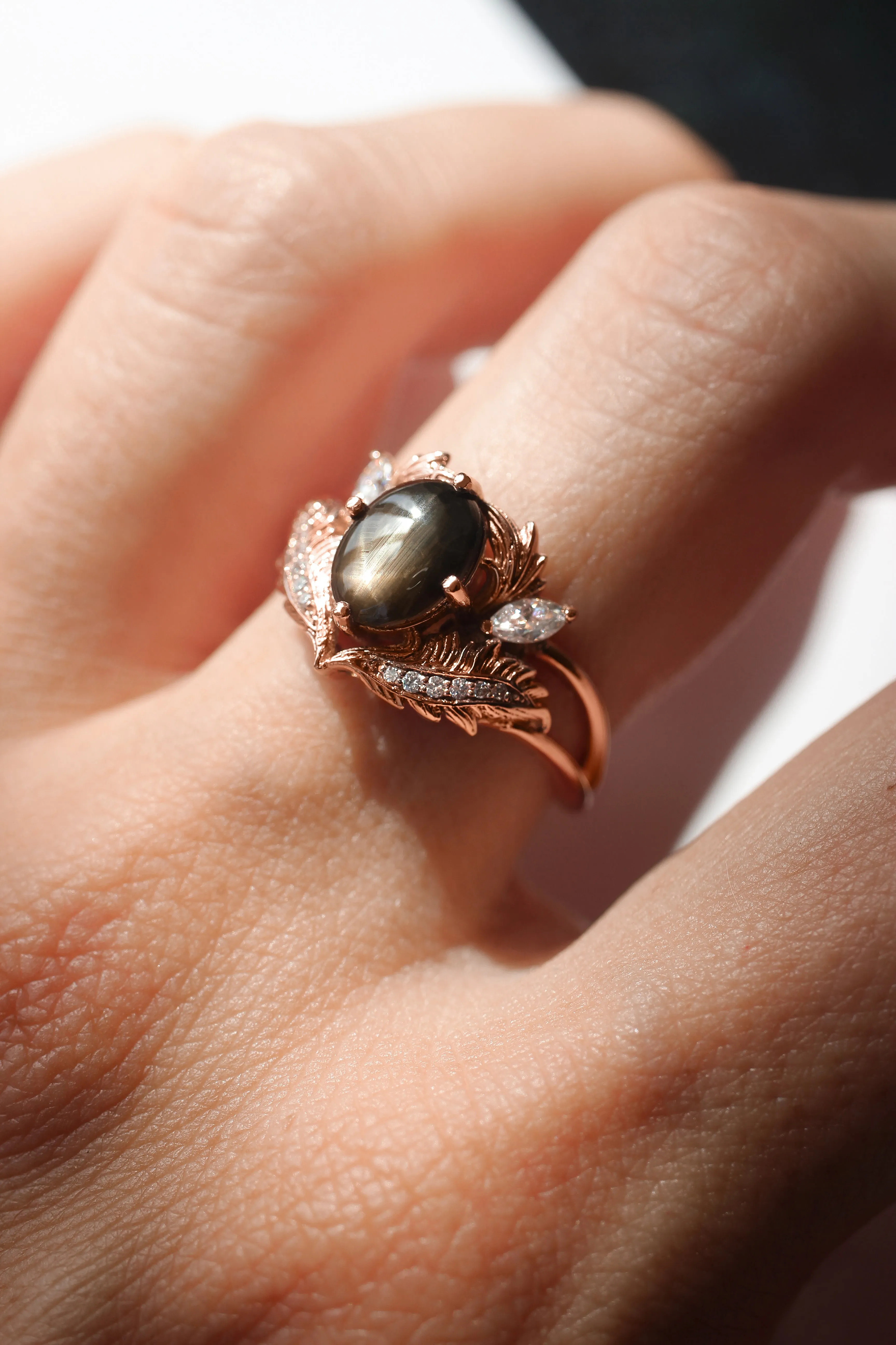 Black star sapphire engagement ring with moissanites / Adonis