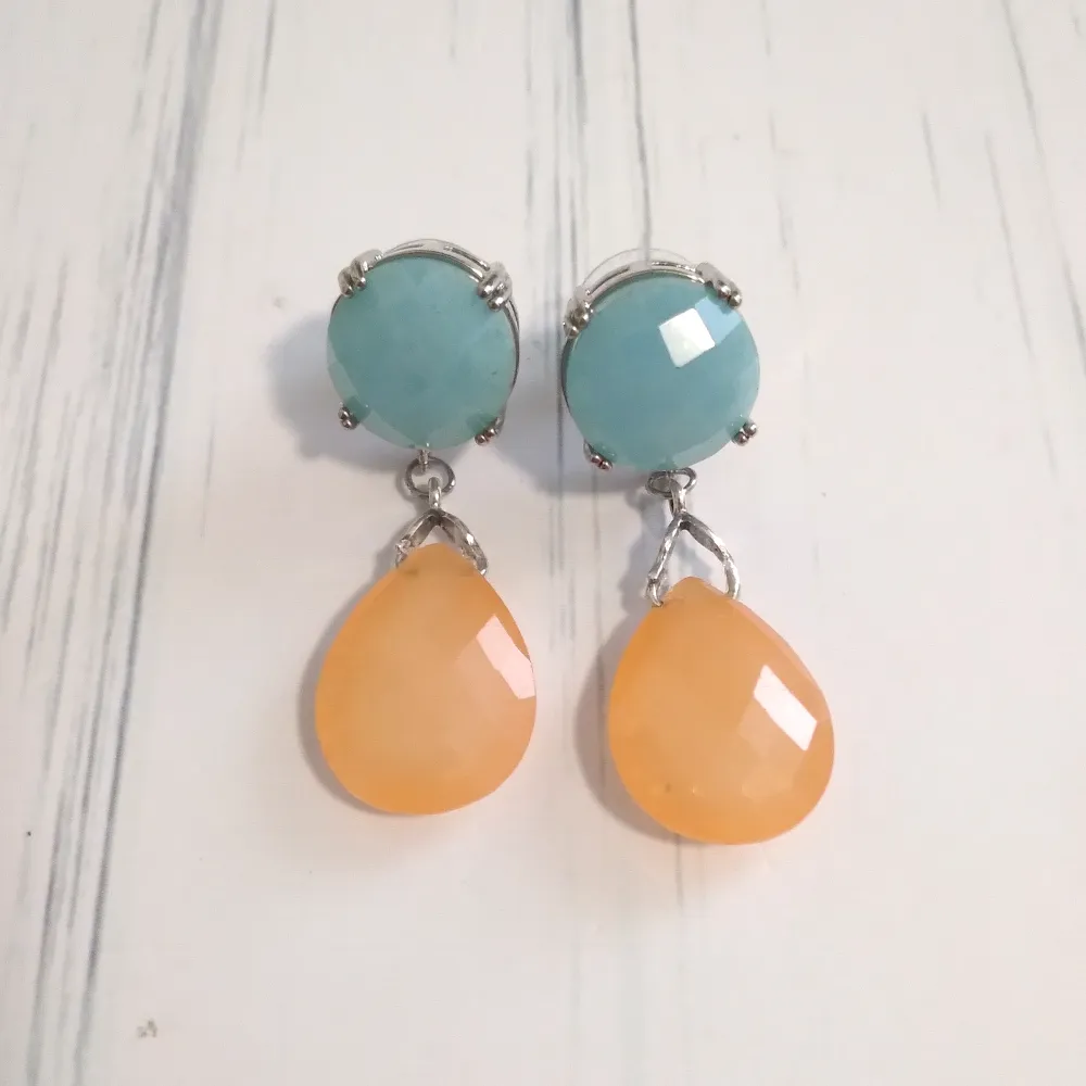 Blue Chalcedony Brass Stud with Peach Jade Dangle Earrings