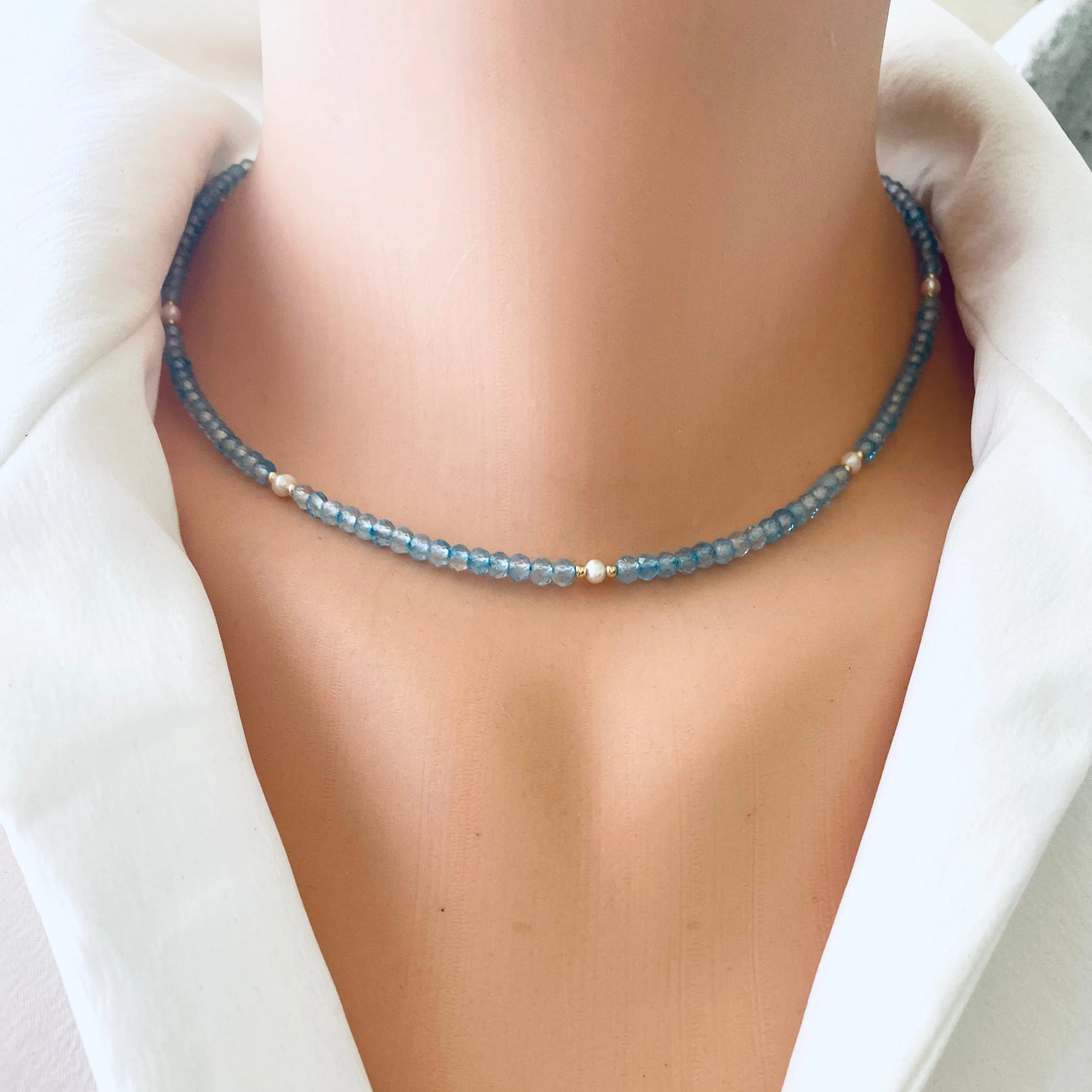 Blue Topaz & Freshwater Pearl Choker Necklace, Gold Fill, December Birthstone , 16.5In