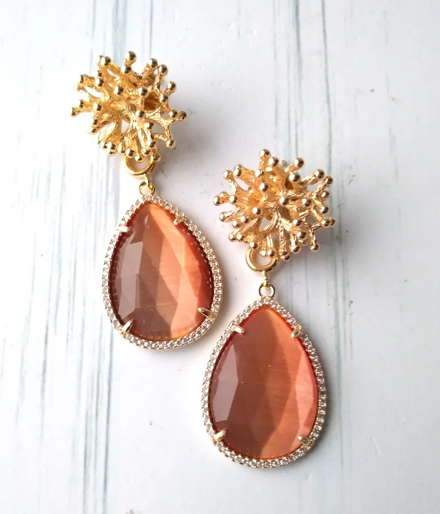 Branch Coral Brass Stud with Haloed Red Orange Cat's Eye Detachable Dangles