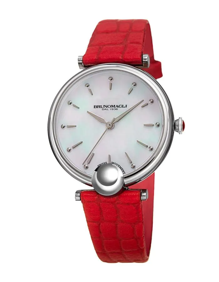 Bruno Magli Womens Miranda Stainless Steel Heritage Watch- Mother of Pearl - Red