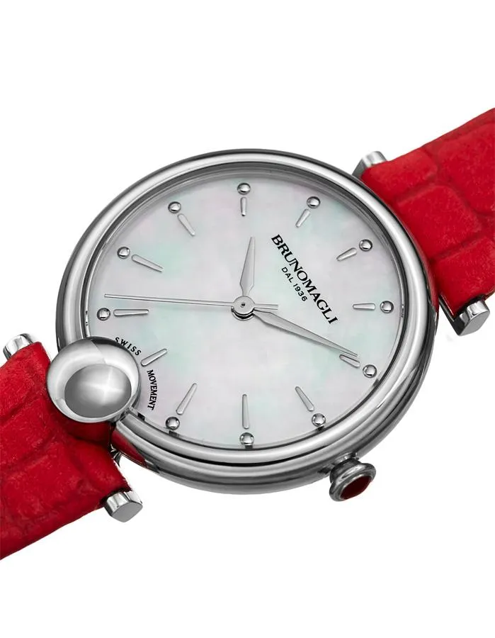 Bruno Magli Womens Miranda Stainless Steel Heritage Watch- Mother of Pearl - Red