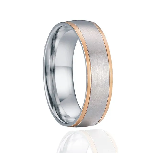 Brushed Silver and Polished Rose Gold Cubic Zirconia Stainless Steel Wedding Ring Set