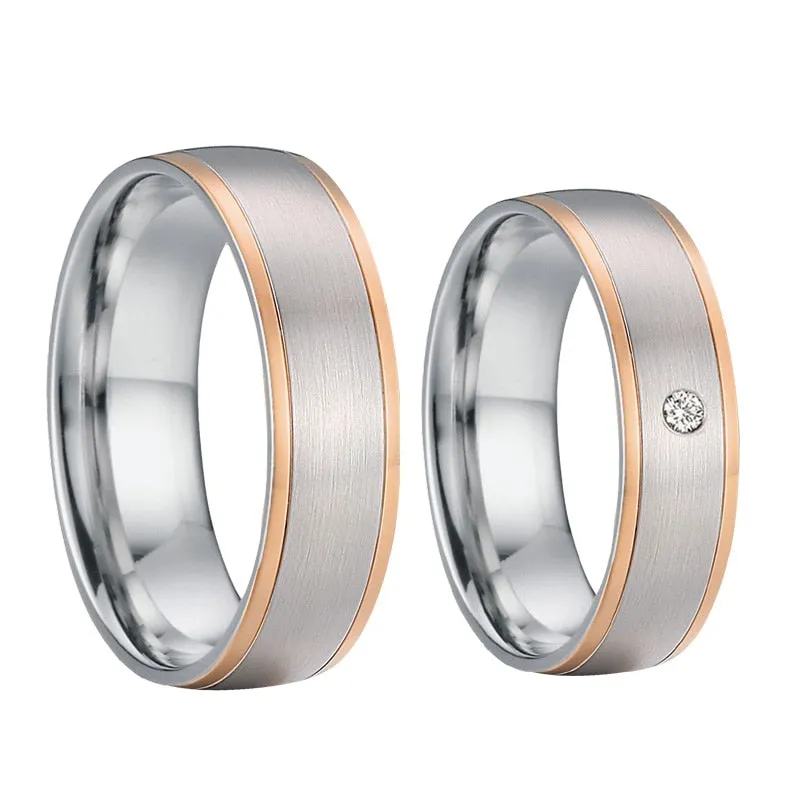 Brushed Silver and Polished Rose Gold Cubic Zirconia Stainless Steel Wedding Ring Set