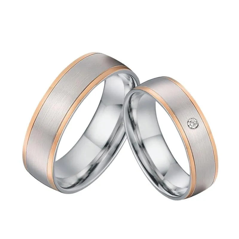 Brushed Silver and Polished Rose Gold Cubic Zirconia Stainless Steel Wedding Ring Set