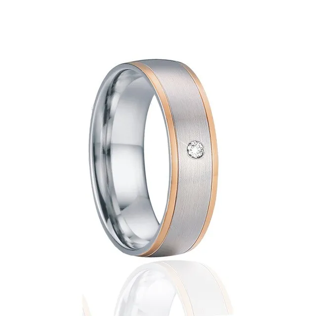 Brushed Silver and Polished Rose Gold Cubic Zirconia Stainless Steel Wedding Ring Set