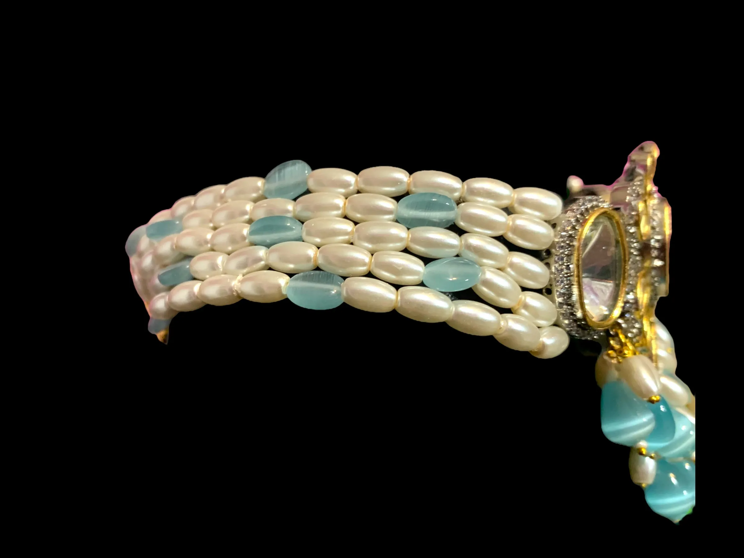 C205 Wajeeha polki choker with pearls and mint blue beads ( READY TO SHIP)