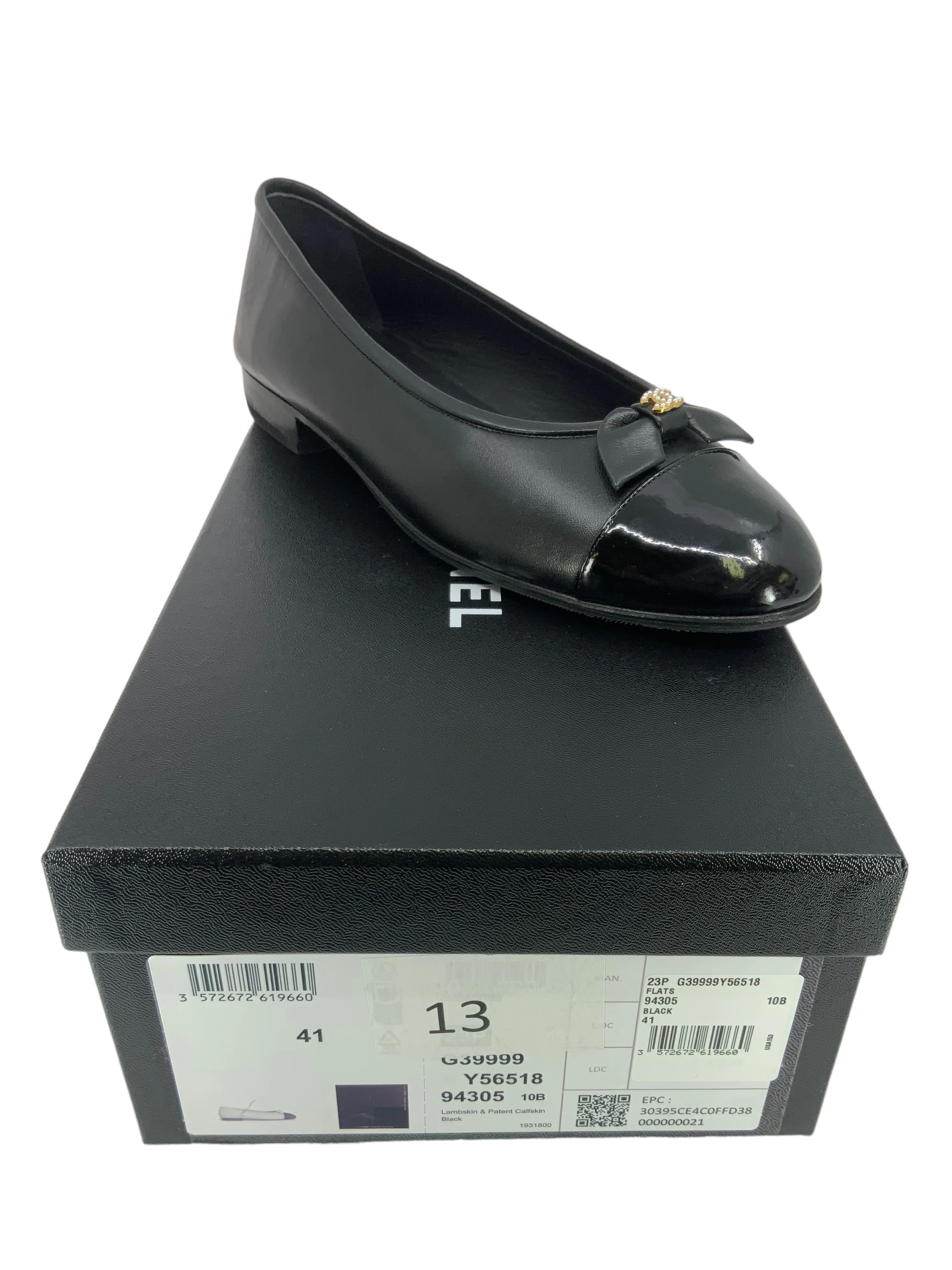 CHANEL 23P CC Cap Toe Lambskin Leather Ballet Flats Size 11