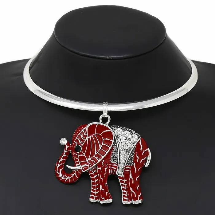 Chunky Elephant Pendant Short Collar Necklace