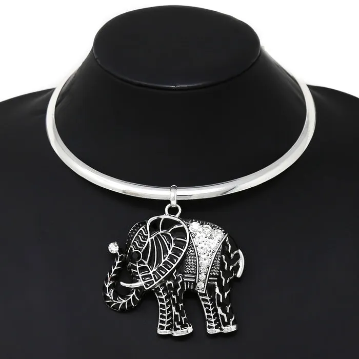 Chunky Elephant Pendant Short Collar Necklace