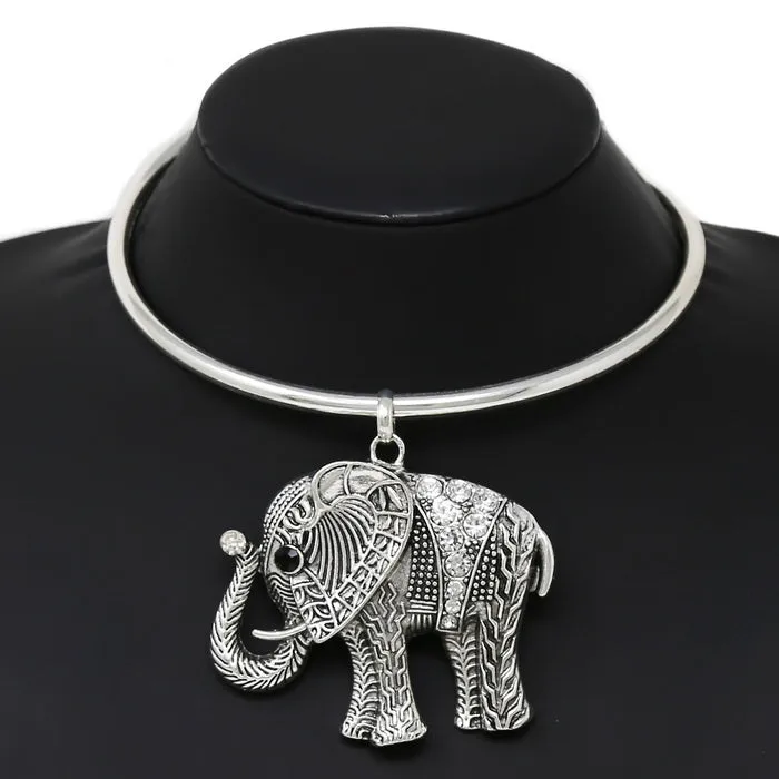 Chunky Elephant Pendant Short Collar Necklace