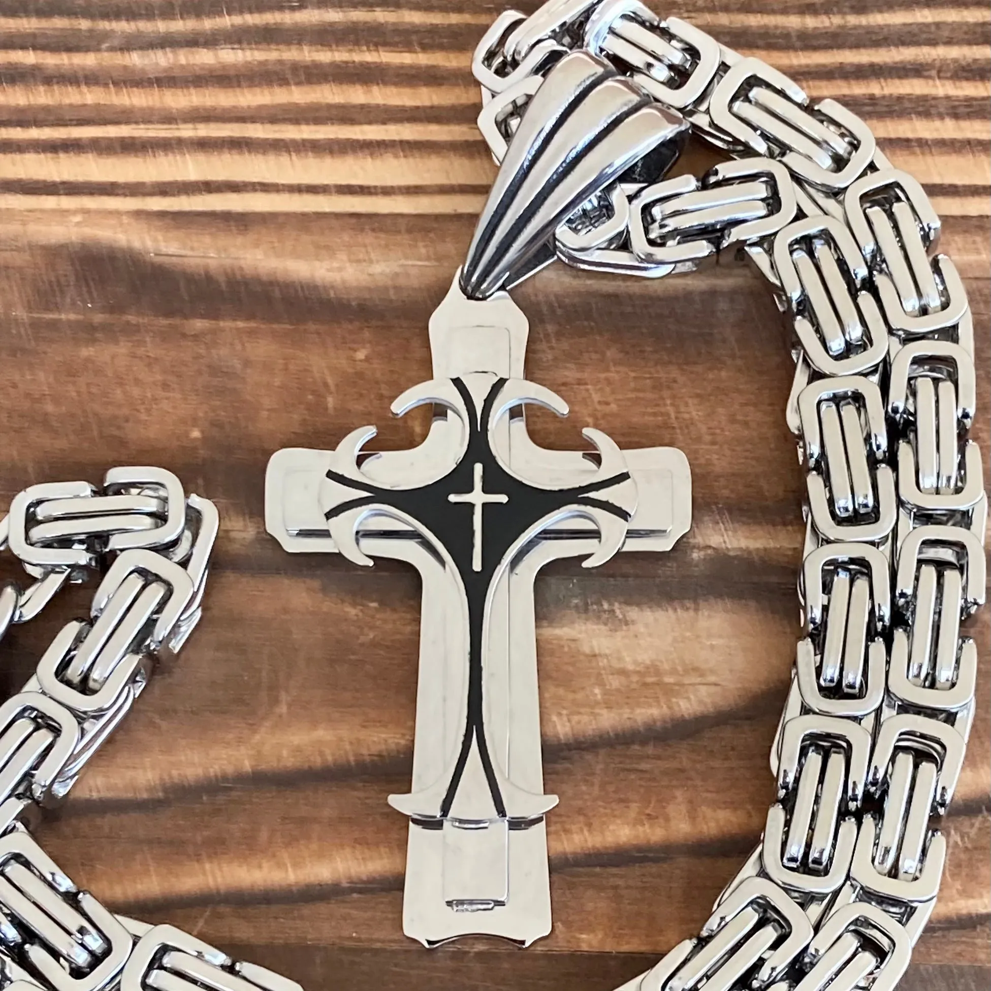 Cross - Risen Cross Silver & Black Pendant - Necklace - PEN823