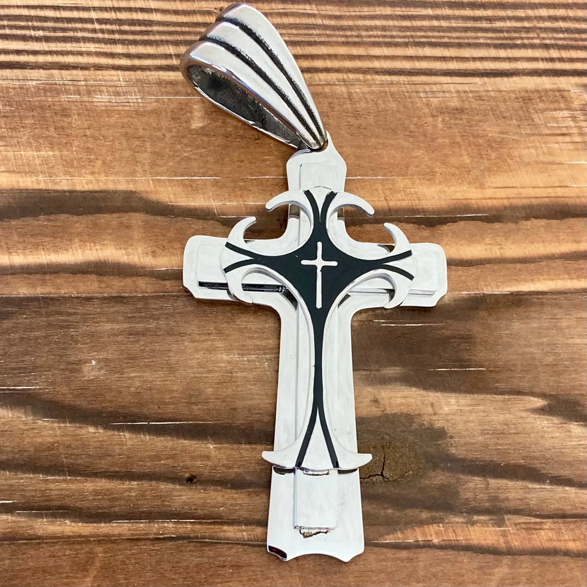 Cross - Risen Cross Silver & Black Pendant - Necklace - PEN823