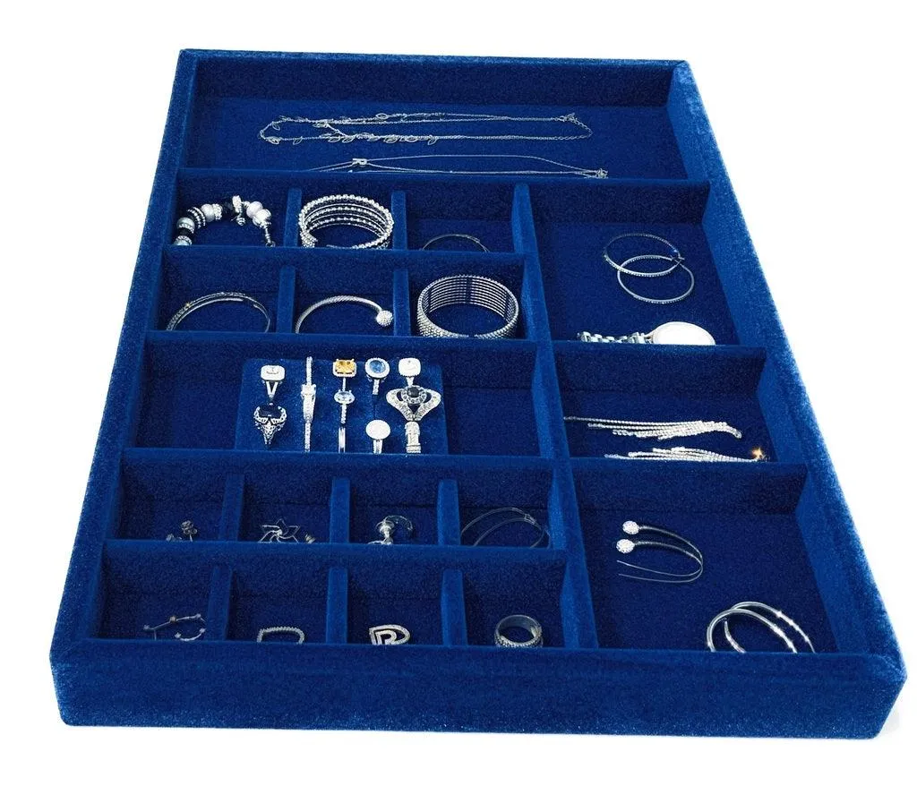 Custom Jewelry Drawer Organizer Tray,  Wood, Royal Blue Velvet ,  21.5 x 14.5x 2