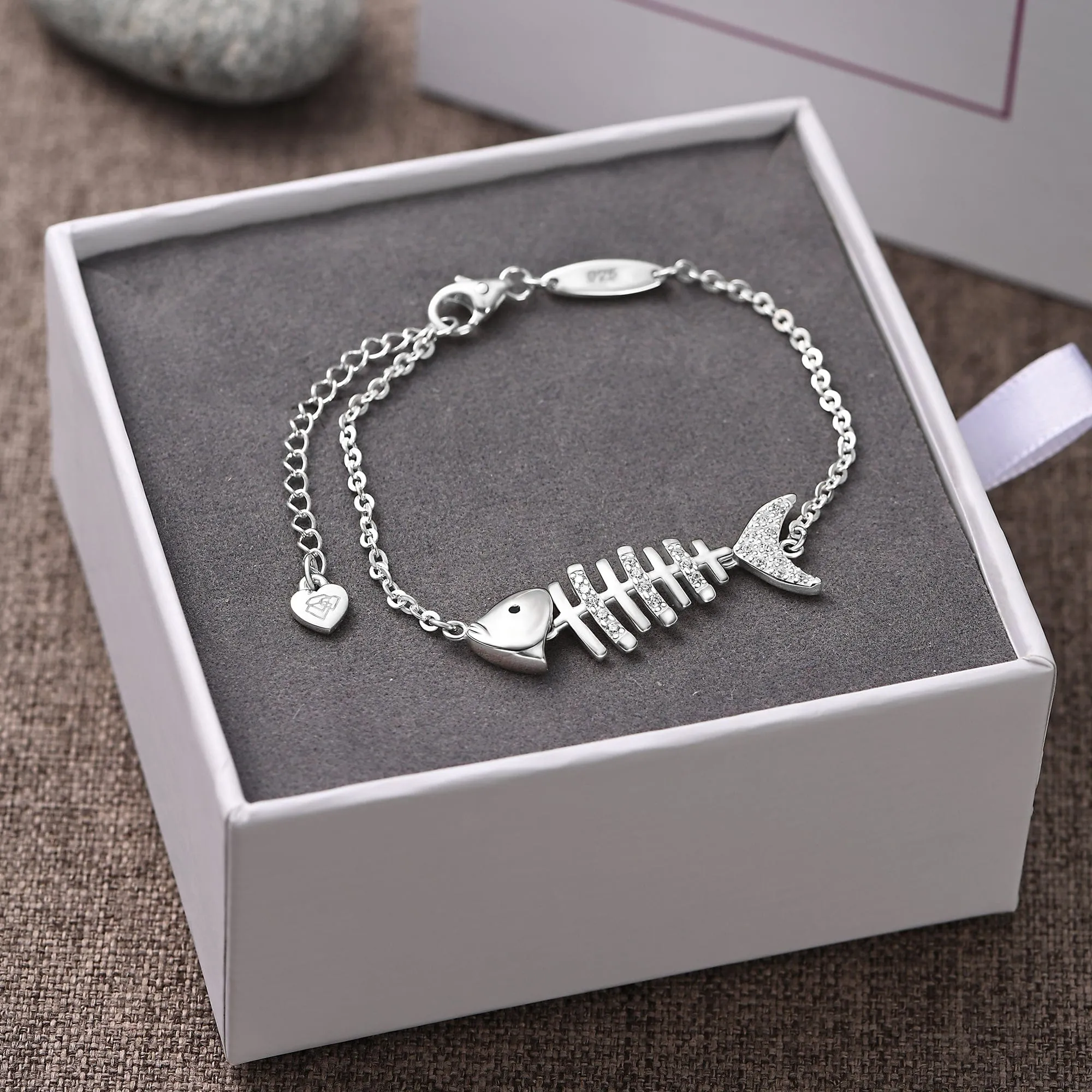 CZ Fishbone Sterling Silver Bracelet Chain