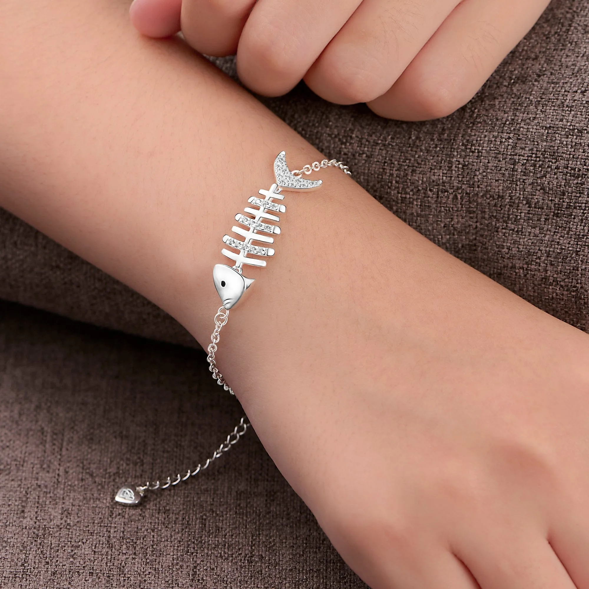 CZ Fishbone Sterling Silver Bracelet Chain