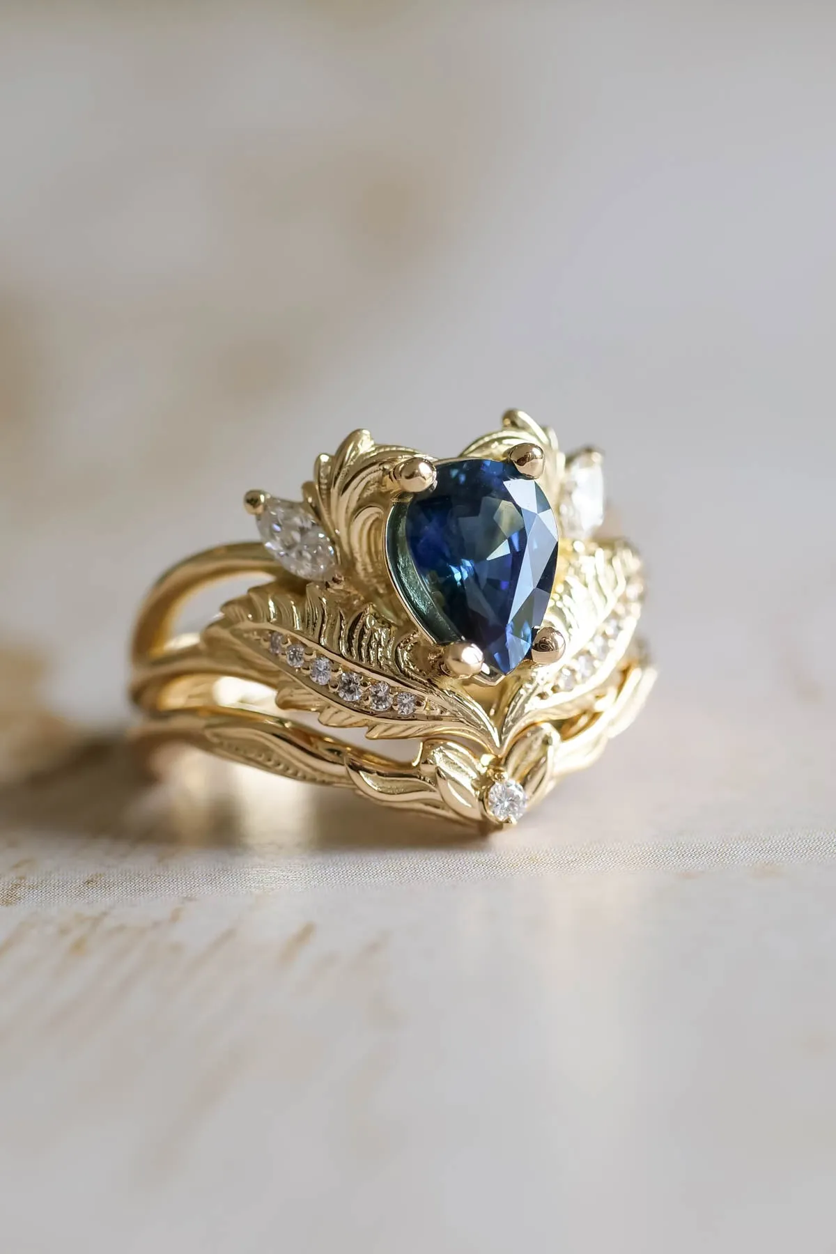 Dark blue sapphire engagement ring, ornate proposal ring with diamonds / Adonis