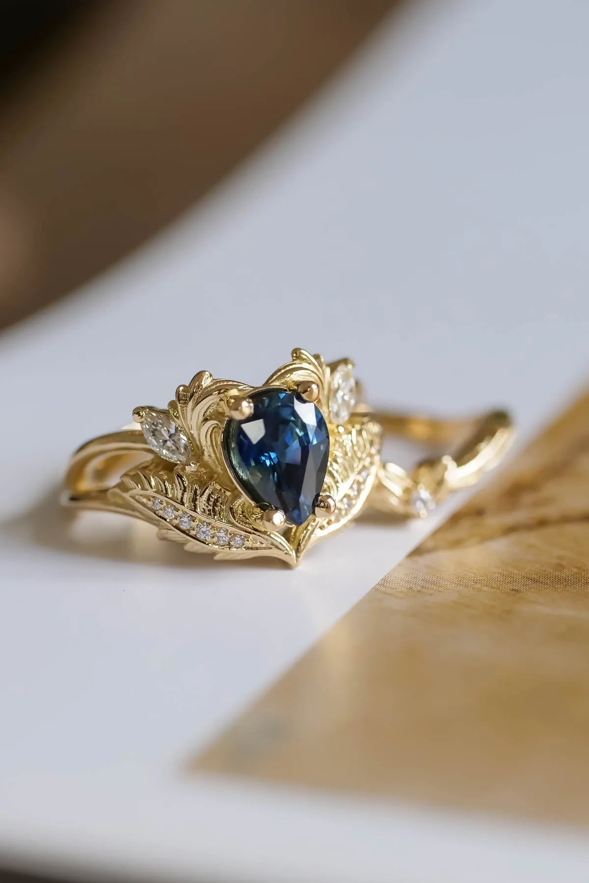 Dark blue sapphire engagement ring, ornate proposal ring with diamonds / Adonis