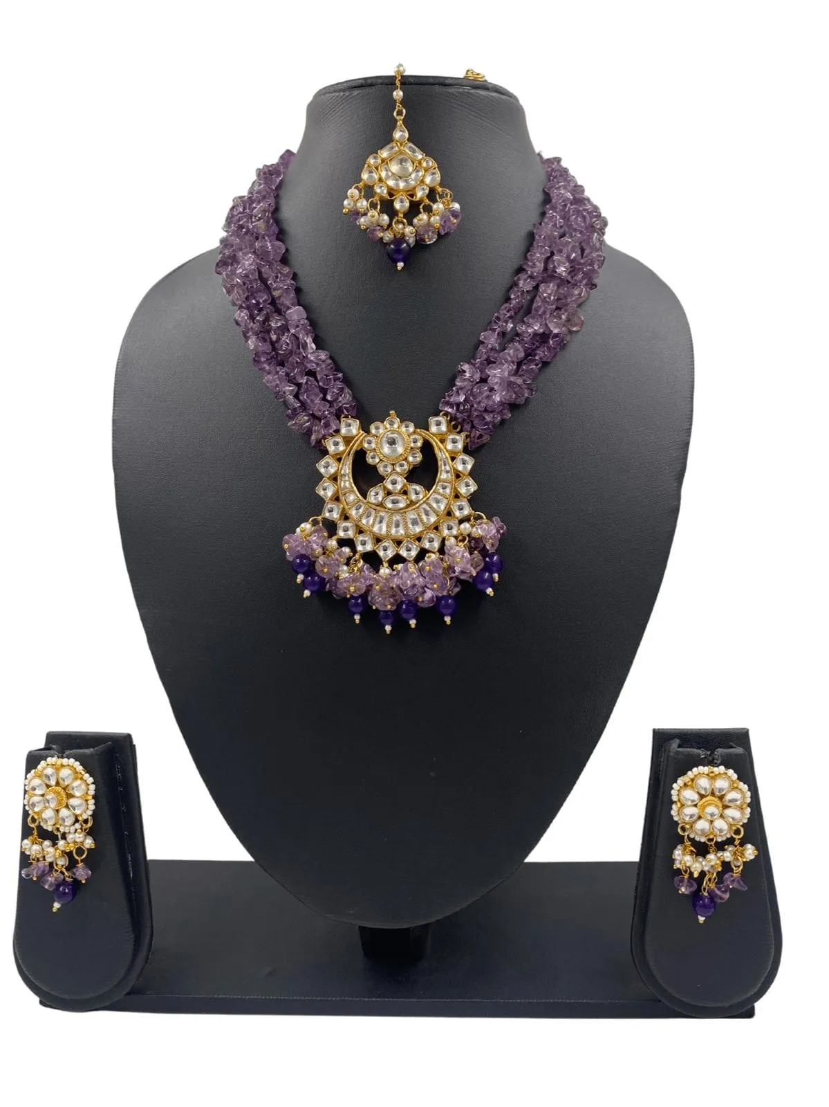 Designer Handcrafted Amethyst Beads And Jadau Kundan Necklace Set By Gehna Shop