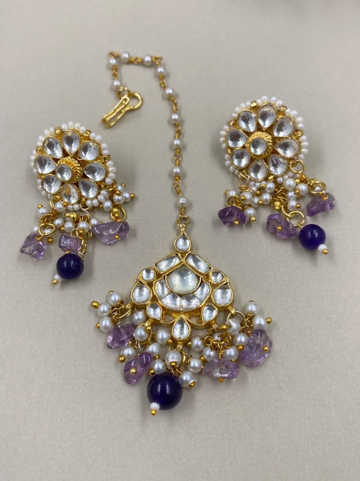 Designer Handcrafted Amethyst Beads And Jadau Kundan Necklace Set By Gehna Shop