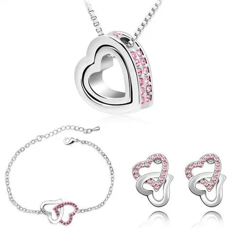 Double Heart Rhinestone Necklace, Bracelet & Earrings Fashion Wedding Jewelry Set