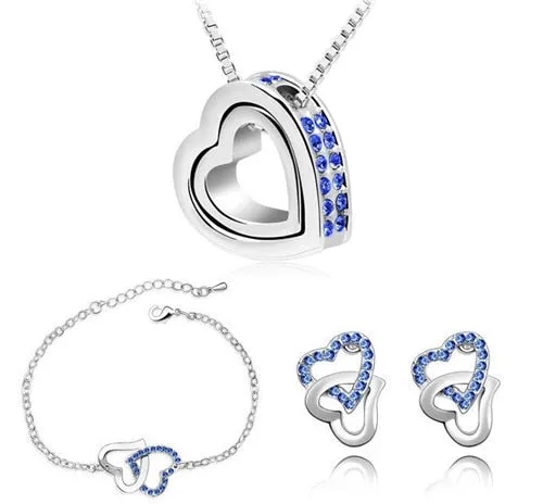 Double Heart Rhinestone Necklace, Bracelet & Earrings Fashion Wedding Jewelry Set