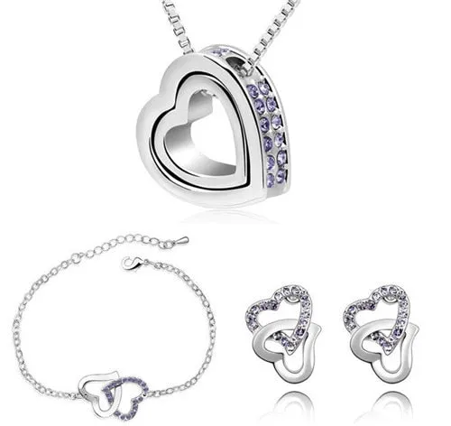 Double Heart Rhinestone Necklace, Bracelet & Earrings Fashion Wedding Jewelry Set