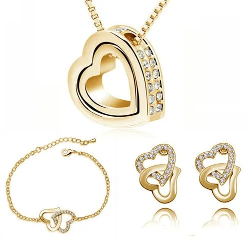 Double Heart Rhinestone Necklace, Bracelet & Earrings Fashion Wedding Jewelry Set