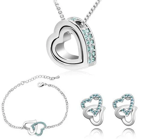 Double Heart Rhinestone Necklace, Bracelet & Earrings Fashion Wedding Jewelry Set