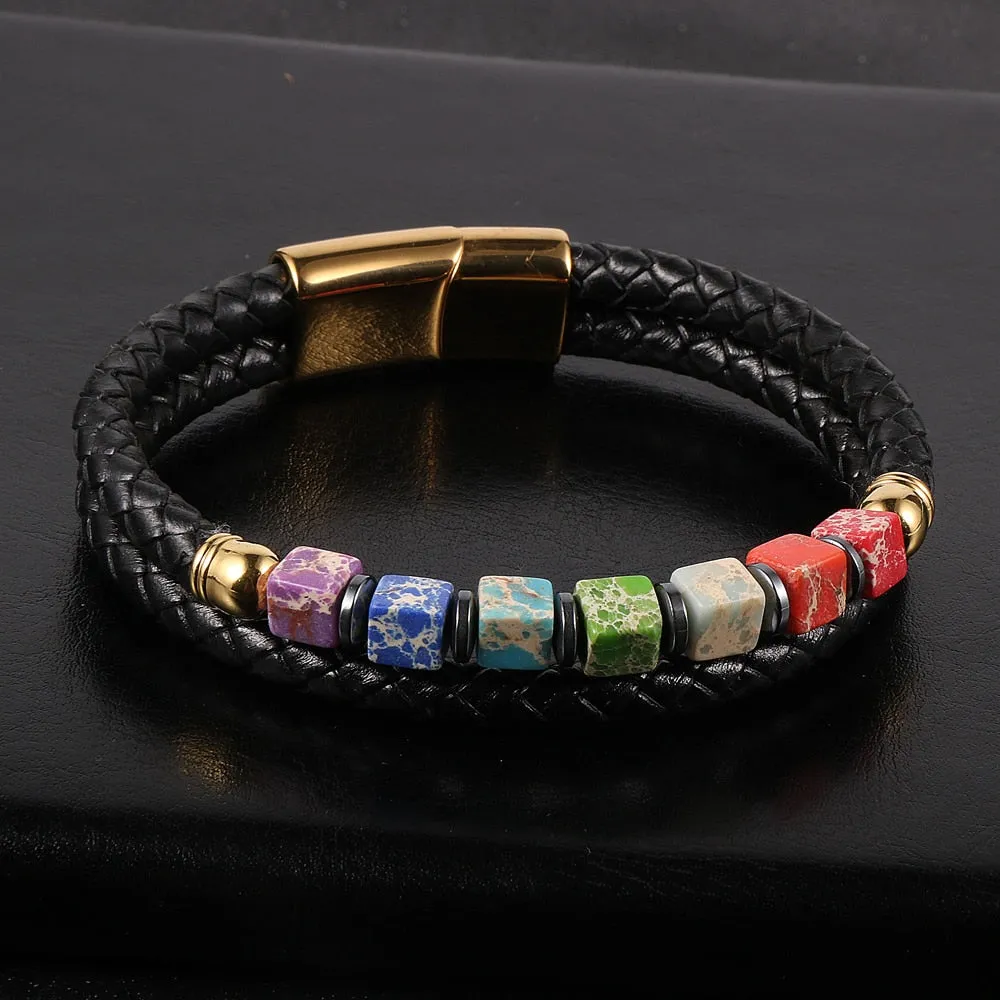 Double-Strand Leather Stainless Colorful Jasper 7 Chakras Bracelet