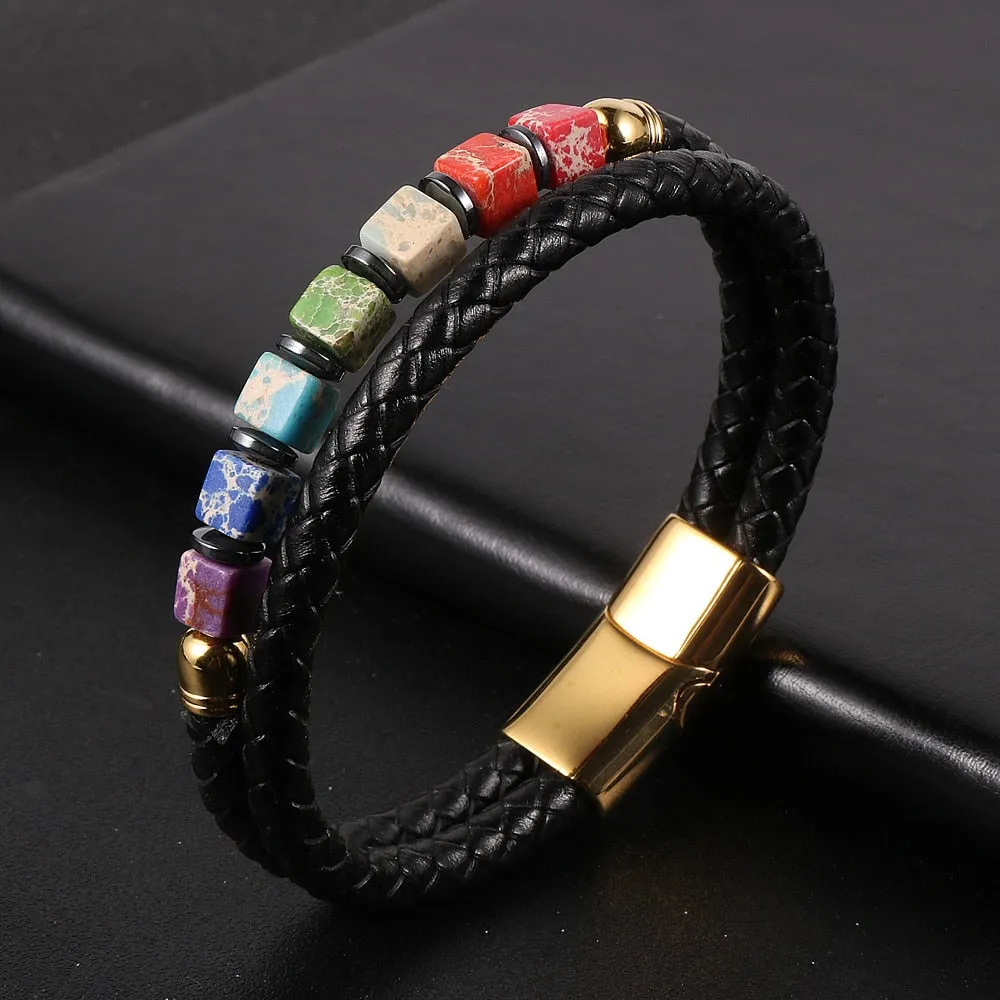 Double-Strand Leather Stainless Colorful Jasper 7 Chakras Bracelet