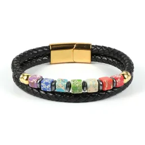 Double-Strand Leather Stainless Colorful Jasper 7 Chakras Bracelet